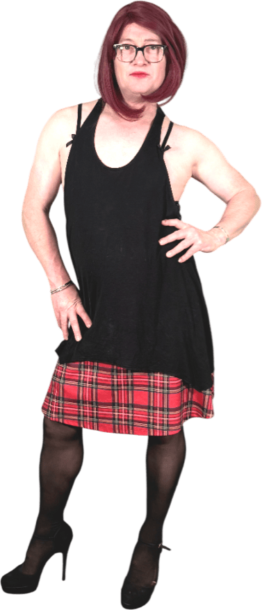 Kylie in black top and tartan skirt